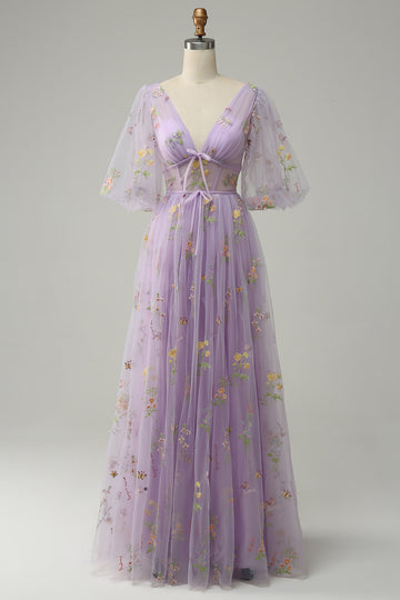 A-Line V-Neck Embroidery Lavender Long Ball Dress with Short Sleeves